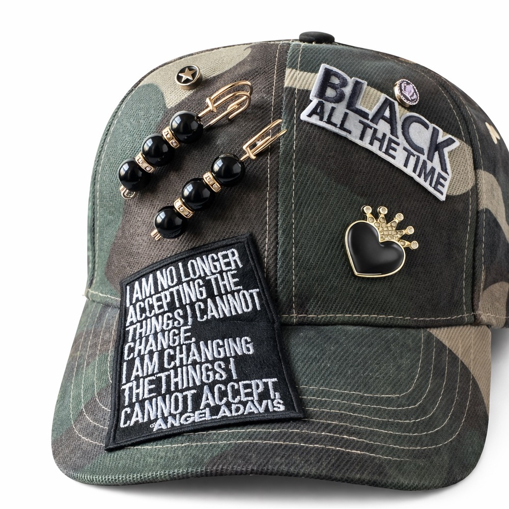Camo Baseball Cap with Black Heart Pin & Statement Patch